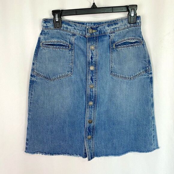 Etica Sophia Distressed Raw Hem Blue Denim Skirt Short Snap Front Women’s S - Picture 13 of 13